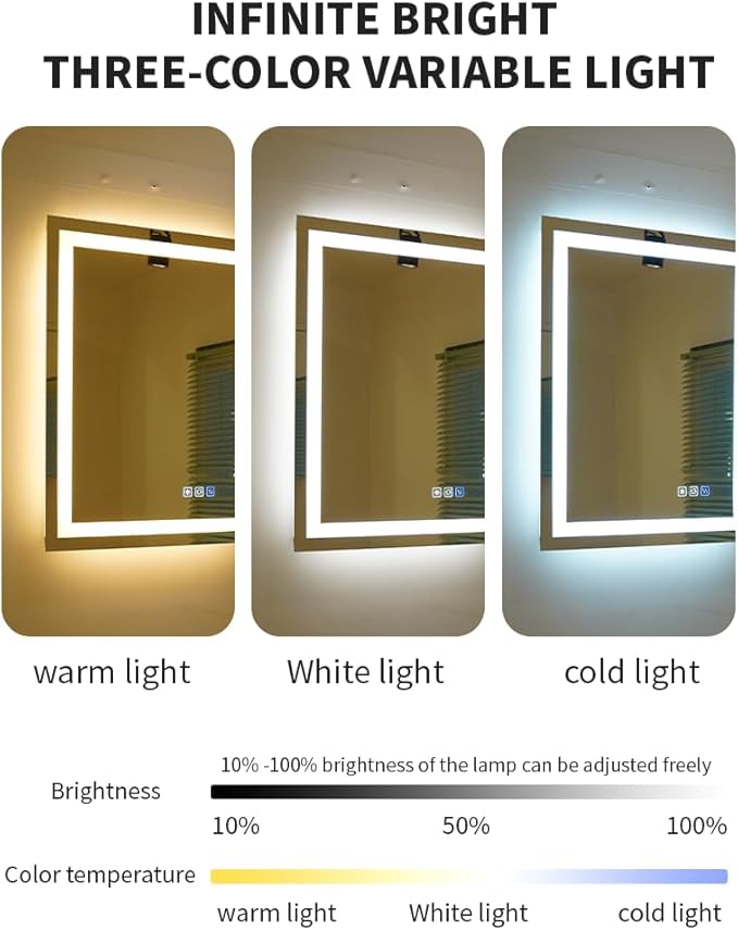 18 * 24inchesLED Mirror, Smart Bathroom Mirror with Lights, Anti-Fog, Tempered Glass, 3 Colors Dimmable, Front and Backlit, CRI 90+, Wall Mounted, Memory