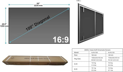 AWOL VISION Ambient Light Rejecting (ALR) Projector Screen for Ultra Short Throw(UST) Projector, 100" Fixed Frame, 80% Picture Quality Improved, 95% Celling Light Rejecting(CLR), Active 3D - C100