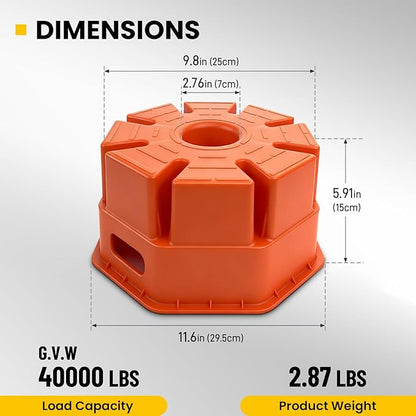 6"H Trailer Jack Block, 40000 lbs Capacity per Camper RV Stabilizer Blocks for Any Tongue Jack, Post, Foot, 5th Wheels, Round Square or Scissor Stabilizer, Stackable & Portable, 1 Pack, Orange