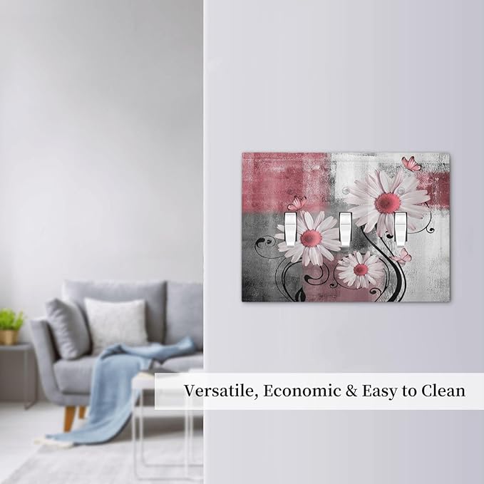 Decorative Switch Plates Pink Floral Rustic Daisy Flower And Butterfly 3 Gang Wall Plate Faceplate Triple Toggle Light Switch Cover Electrical Wall Panels for Farmhouse Cabin Decor