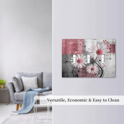 Decorative Switch Plates Pink Floral Rustic Daisy Flower And Butterfly 3 Gang Wall Plate Faceplate Triple Toggle Light Switch Cover Electrical Wall Panels for Farmhouse Cabin Decor