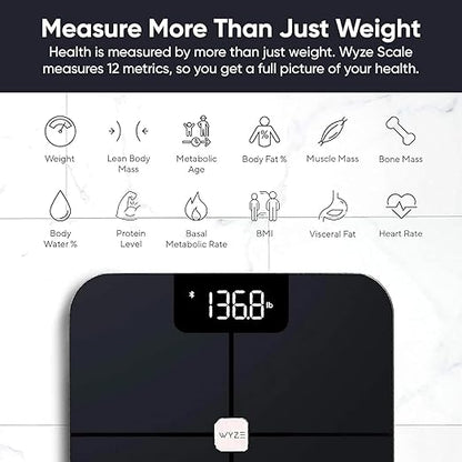 Wyze Smart Scale, Scale for Body Weight, Digital Bathroom Scale for Body Fat, BMI, and Heart Rate, Body Composition Analyzer with App, Batteries Included, Bluetooth, 400 lb, Black