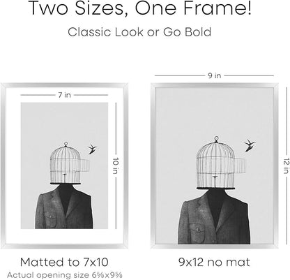 Homeforia 9x12 Picture Frame Silver, High End Metal 9 x 12 Frames with Mat 7 by 10 inch Photo, 9by12 Poster Frame Matted to 7x10 Print, 12x9 Wall or Tabletop Frames, Tempered Glass, Wall Kit, Set of 1