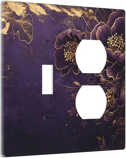 Decorative Outlet Covers Vintage Purple Peony Gold Leaf Flowers Floral 2 Gang Wall Plate Single Toggle Duplex Light Switch Cover Switch Plate Covers Faceplate for Bedroom Home Decor