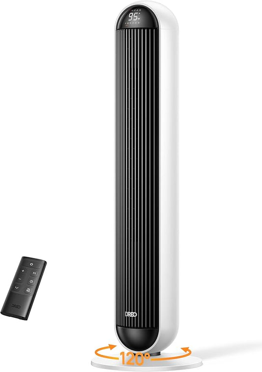 Dreo Tower Fan and Heater Combo, 29.2ft/s Standing Fans for Bedroom, 17 Levels, 6 Modes, 120° Oscillation, 42 Inch, 12H Timer, 25dB Quiet, with Remote, for Office, Large Room, White