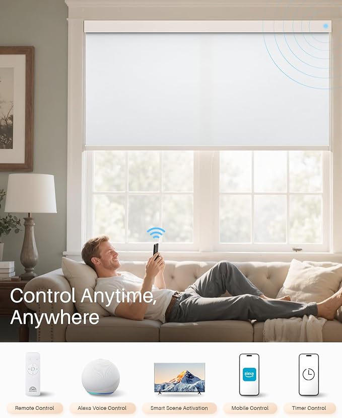 Smart Roller Shades for Windows, Alexa Blackout Motorized Blinds with Remote Control, Easy Install Automatic Electric Blinds for Indoor (59" W x 72" H, White)