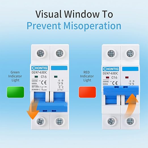 16 Amp Miniature DC Circuit Breaker 500V 2 Pole, Solar PV Disconnect Switch with Thermal Magnetic Trip, DIN Rail Mount Isolator C16