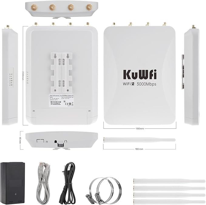 KuWFi AX3000 WiFi 6 Outdoor Access Point Repeater, Long Range Extender 100-300Meter Dual Band Gigabit, IP65 Waterproof, PoE Powered, Supports 256+ Devices for Business, Parties, Starlink