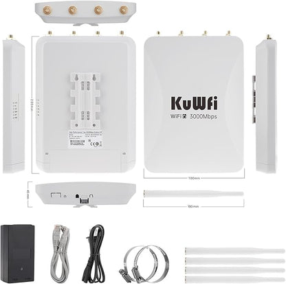KuWFi AX3000 WiFi 6 Outdoor Access Point Repeater, Long Range Extender 100-300Meter Dual Band Gigabit, IP65 Waterproof, PoE Powered, Supports 256+ Devices for Business, Parties, Starlink