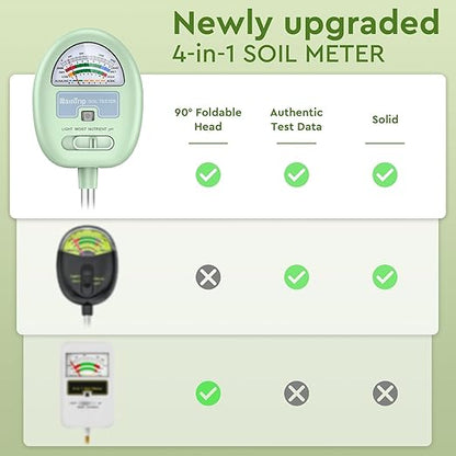 Soil Moisture Meter, 4-in-1 Moisture Meter for Plants, Tester for Moist, Light,Nutrients, pH, Soil Test Kit, Great for Garden, Lawn, Farm, Indoor & Outdoor Use, No Battery Required