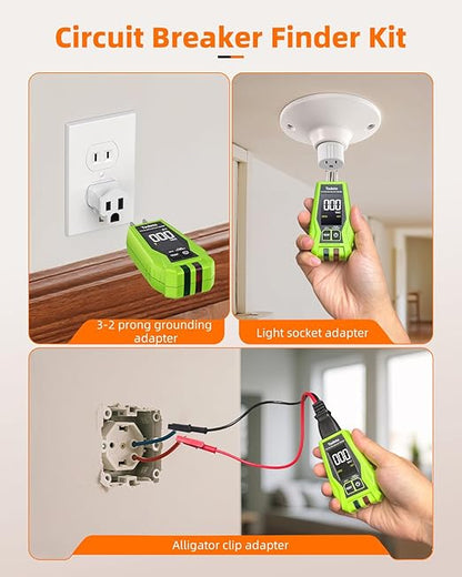 Tadeto Circuit Breaker Finder Tool with Outlet Tester, Quickly GFCI, Voltage, Electric Tester with Dual LCD Display, Light Socket and 3-2 Prong Grounding Adapter, Alligator Clip Adapter