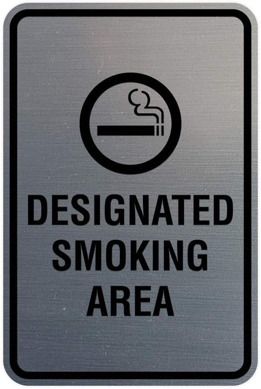 Signs ByLITA Portrait Round Designated Smoking Area Sign with Adhesive Tape, Mounts On Any Surface, Weather Resistant, Indoor/Outdoor Use (Brushed Silver) - Large 2 Pack