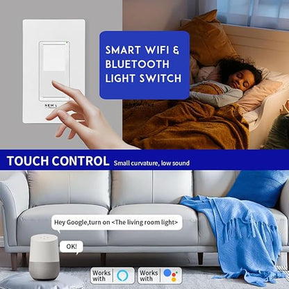 WiFi Bluetooth Smart Light Switch with APP Control Compatible with Alexa and Google Home Voice Control Touch Control Power Cut Off Easy Wall Install Works with Smart Life Tuya Remote Timer