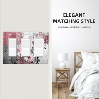 Light Switch Covers Pink Floral Rustic Daisy Flower And Butterfly 3 Gang Rocker Electrical GFCI Decorative Triple Outlet Wall Plate Cover Switchplate for Farmhouse Cabin Decor