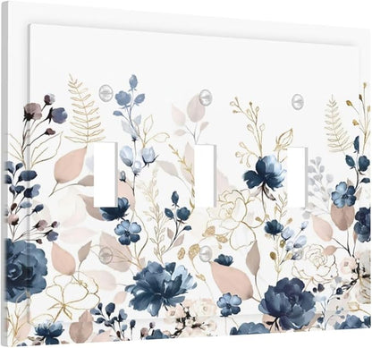 Blue Flora Boho Vintage Flower Golden Leaves Decorative Switch Plates 3 Gang Wall Plate Triple Toggle Light Switch Cover Faceplate Electrical Wall Panels for Bedroom Living Room Decor