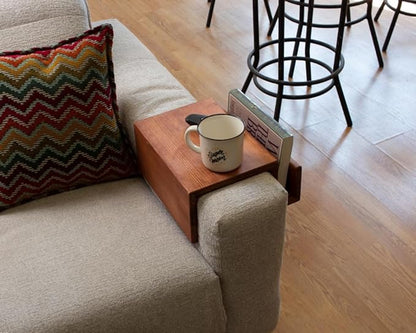Wooden Couch Arm Tray – Sofa Armrest Table with Book & Magazine Holder, Perfect for Coffee & Remote Control, Solid Wood (Paris)