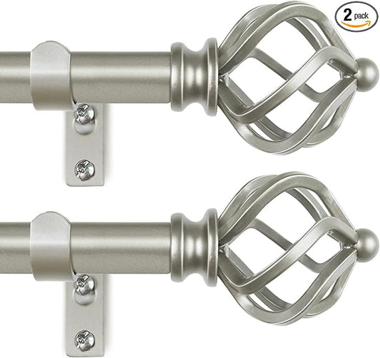 KAMANINA 2 Pack Curtain Rods 32 to 86 Inches (2.6-7.1ft), 3/4 Inch Curtain Rods for Windows Splicing Adjustable Single Drapery Rod with Twisted Cage Finial, for Indoor and Outdoor, Antique Silver