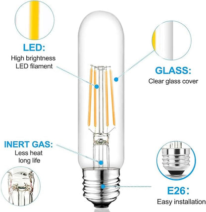 5 Inch Edison Bulb, 6000K Cool White E26 Led Bulb 6W Dimmable, 800LM T10 T9 Clear Glass Tubular Light Bulbs, AC 120V Equal 80 Watt Bulbs for Chandelier Pendant Wall Light - 6Pack