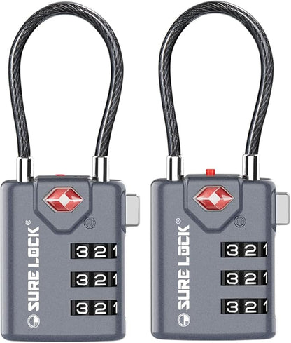 SURE LOCK TSA Compatible Travel Luggage Locks, Inspection Indicator, Easy Read Dials TSA Approved with Zinc Alloy Grey 2 Pack