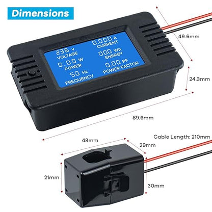 AC 80-260V 100A Multi-Function Power Monitor LCD Digital Display Voltage Current Frequency Power Factor Energy Meter Ammeter Voltmeter with Split Core Current Transformer