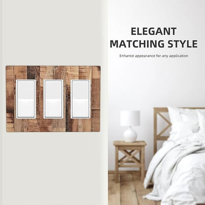Light Switch Covers Rustic Brown Wood Grain 3 Gang Rocker Electrical GFCI Decorative Triple Outlet Wall Plate Cover Switchplate for Farmhouse Kitchen Decor