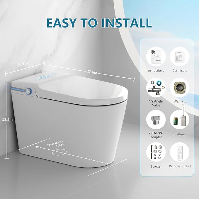 TDH Smart Toilet, Heated Toilet Seat with Warm Water Sprayer & Dryer, Aromatherapy Tablets,Foot Sensor Operation, Round Toilet Seat, Night Light, Remote Control