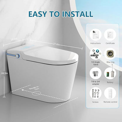 TDH Smart Toilet, Heated Toilet Seat with Warm Water Sprayer & Dryer, Aromatherapy Tablets,Foot Sensor Operation, Round Toilet Seat, Night Light, Remote Control