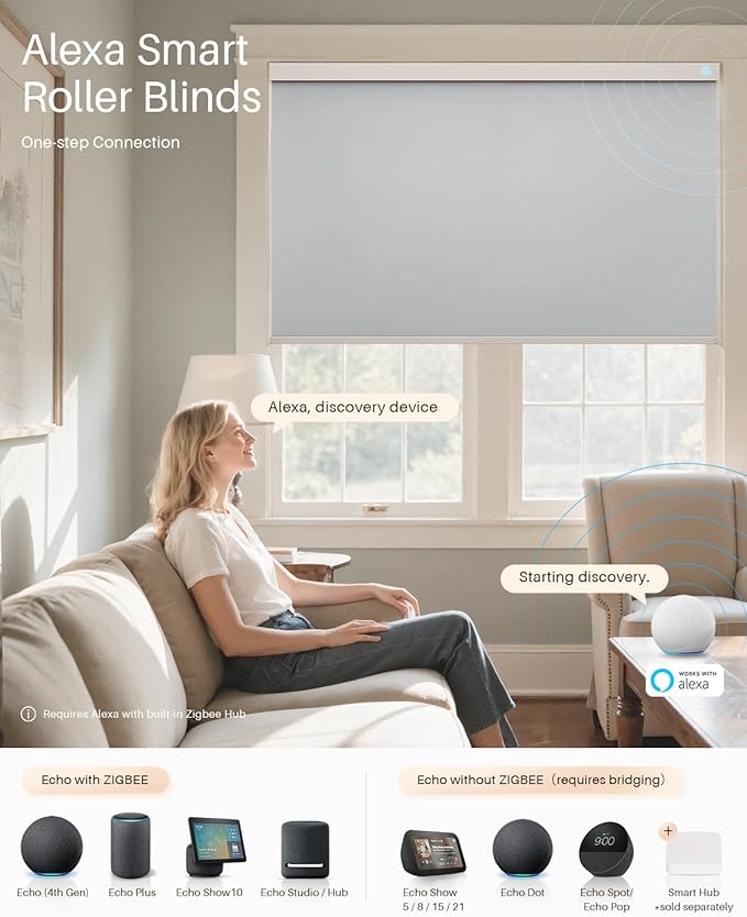 Smart Roller Shades for Windows, Alexa Blackout Motorized Blinds with Remote Control, Easy Install Automatic Electric Blinds for Indoor (48" W x 72" H, Gray Fabric & White Shell)