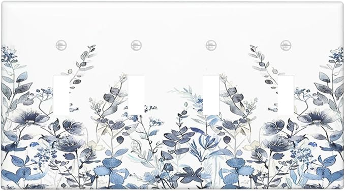 Light Switch Covers Light Blue Watercolor Leaves Plant With Floral Quad Toggle Electrical Faceplate 4 Gang Wall Plate Decorative Switch Plates for Bedroom Bathroom Decor