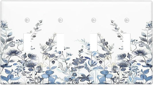 Light Switch Covers Light Blue Watercolor Leaves Plant With Floral Quad Toggle Electrical Faceplate 4 Gang Wall Plate Decorative Switch Plates for Bedroom Bathroom Decor