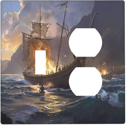 Outlet Covers Medieval Vintage Sailing Adventure Sailings Ocean Waves 1 Toggle 1 Duplex Switch Plate Covers Electrical Light Switch Cover Plate Decorative Wall Plate Socket Cover for Bedroom Cabin