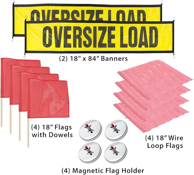 Mytee Products Oversize Load Banners, Flags, and Magnets Kit - Includes 2 Stretch Cord Oversize Load Banners, 4 Magnets, and 8 DOT Compliant Red Safety Flags 18" x 18" (4 with Wire Loop, 4 with Dowels)
