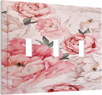 Decorative Light Switch Plate Covers Ink Pink Peony Flower Rustic Floral 3 Gang Light Switch Cover Triple Toggle Wall Plate Outlet Covers for Home Bedroom Decor