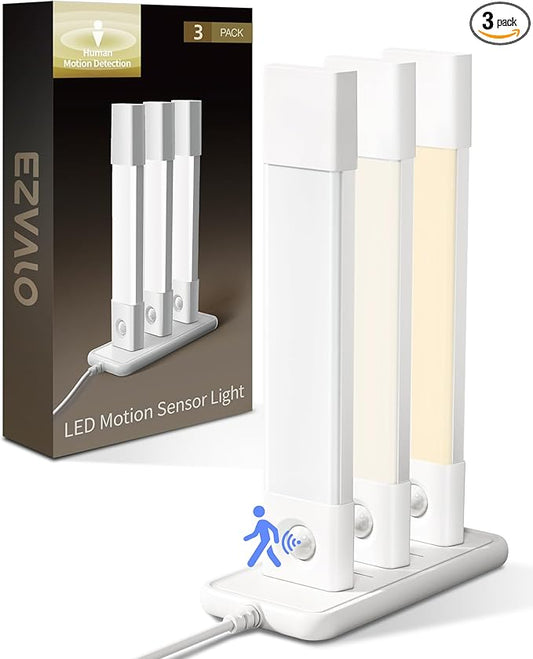 EZVALO 3 Pack Led Under Cabinet Lights Wireless with Charging Station, 7’’ Rechargeable Motion Sensor Light Indoor,3 Color Temperatures&Dimmable Closet Lights for Cabinets, Bookshelf, Stair, Hallway