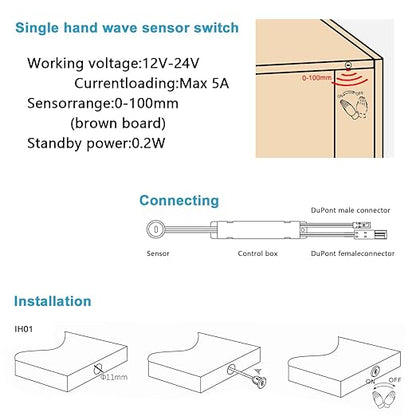 VST Motion Sensor Light Switch, IR Handwave Activated Dimmable Light Switch for Closet Light LED Strip Light Under Cabinet Lighting with 12V JST Male and Female Connector (DC 12/24V 3A)