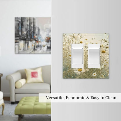 White Wildflowers Daisy Vintage Floral Decorative Outlet Covers 2 Gang Double GFCI Rocker Electrical Wall Panels Light Switch Cover Plate for Bed Room Living Room Decor