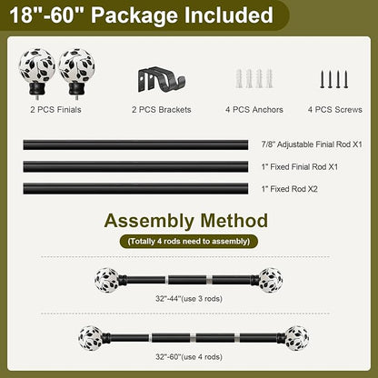 Ceramic Black Curtain Rods for Windows 28 to 48 Inches Adjustable Length Heavy Duty 1" Diameter Window Curtain Rod with Modern Leaf Pattern Decorative Finials for Bedroom Kitchen Living Room