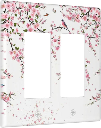 Decorative Outlet Covers Rustic Plum Blossom Pink Flowers 2 Gang Light Switch Cover Plate Double Rocker Wall Plate Switch Plate Covers Faceplate for Home Bedroom Decor （2 Pack）