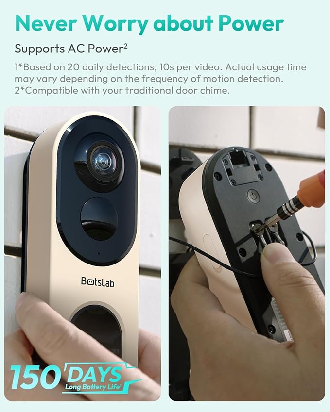 BOTSLAB Doorbell Camera Wireless, 5MP Video Doorbell, 180°Panoramic View, No Monthly Fee, 2.4 GHz WiFi, AI Motion Detection, VR Mode, Battery or Wired Powered
