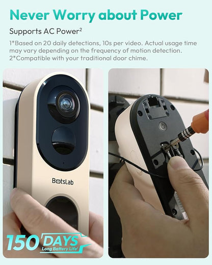 BOTSLAB Doorbell Camera Wireless, 5MP Video Doorbell, 180°Panoramic View, No Monthly Fee, 2.4 GHz WiFi, AI Motion Detection, VR Mode, Battery or Wired Powered