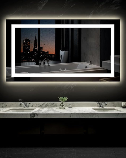 Ensenior LED Bathroom Mirror 55"x 30" with Front and Backlight, Stepless Dimmable Wall Mirrors with Anti-Fog, Shatter-Proof, Memory, 3 Colors, Modern LED Vanity Mirror-ETL & FCC