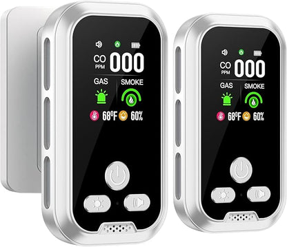 2Pack 5IN1 Plug in Smoke & Carbon Monoxide Detector & Combustible Natural Gas Combination Builti-in Backup Battery HD Screen [Smoke Gas CO Temp Humidity Sensor] for Home Hotel Travel (White)