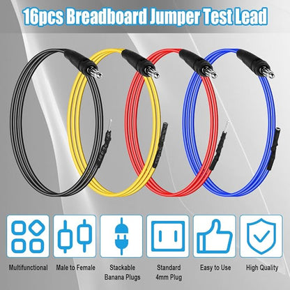 Banana Plug Jumper Wires Kit, 16pcs 4mm Stackable Breadboard Jumper Test Lead, Male to Female, Universal Breakout Test Leads for Electrical Testing
