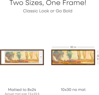 Homeforia 10x30 Picture Frame Brown, High End Dark Oak 10x30 Walnut Wood Poster Frame with Mat 8x24 Print, 10 x 30 Wooden Frame Matted to 8 x 24 Photo, 30x10 Frames, Tempered Glass, Wall Kit, Set of 1