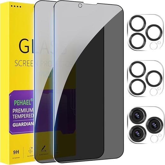 PEHAEL 2+2Pack for iPhone 13 Pro Privacy Screen Protector with Camera Lens Protector Full Coverage AntiSpy Tempered Glass Film 9H Hardness Easy Installation Bubble Free [6.1 inch]