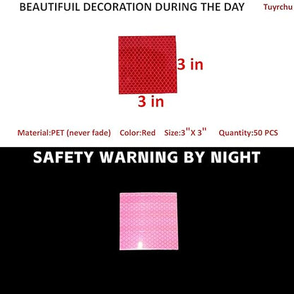 Non Fading Red Reflective Stickers 3 inch X 3 inch, Outdoor Waterproof High Visibility Warning Safety Adhesive Reflector Tape (50 Pcs)