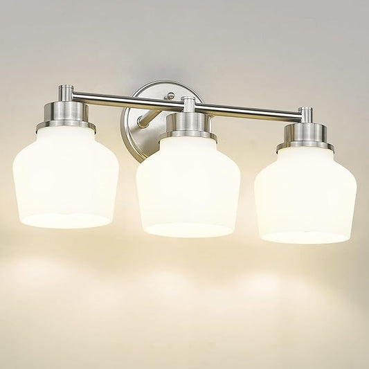 Emak Brushed Nickel Vanity Lights, Modern Milk Glass Bathroom Light Fixtures, 3-Light Bathroom Vanity Light Over Mirror, VL122-BN-ML-3