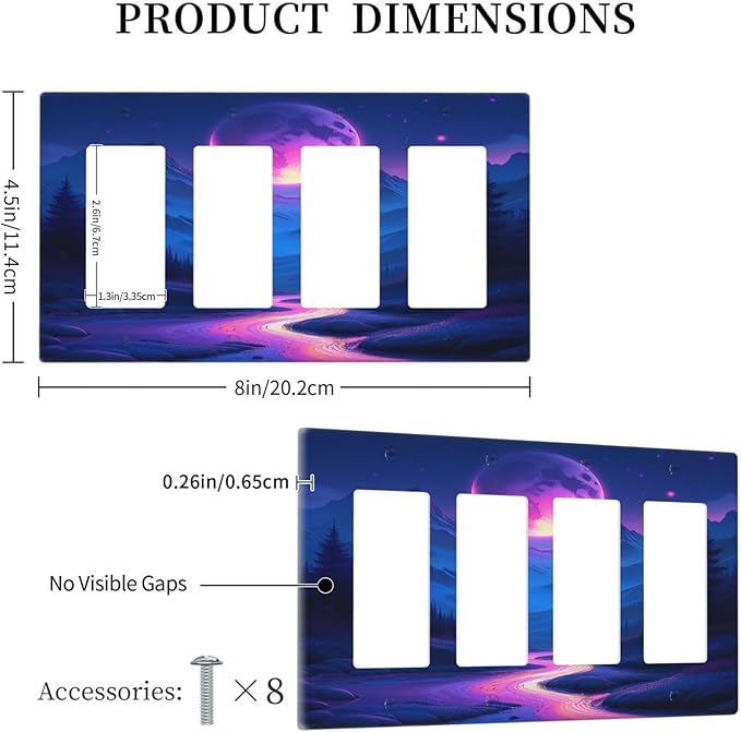 Purple Cyberpunk River Full Moon Mountain Forest Wallplates 4 Gang Quad Rocker Decorative Light Switch Covers Electrical GFCI Faceplate Switch Plate for Bedroom Bathroom Decor