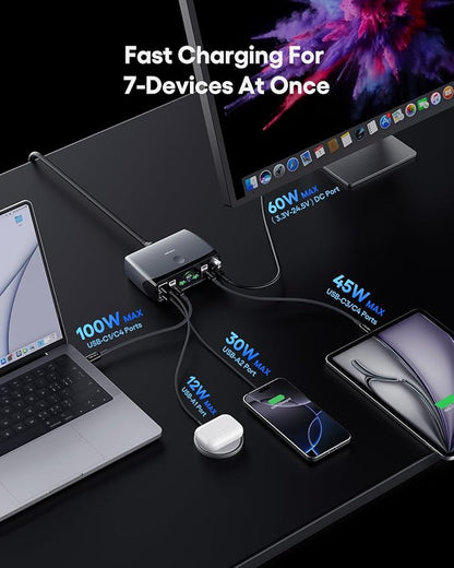 WOTOBEUS Charging Station (252W), 7-Ports (4 USB-C, 2 USB-A, 1 DC), Power Adapter with DC Power Supply Adjustable 3.3V~24.5V (0~60W) Converter and LED Display, for iPhone Laptops Monitor Electronics