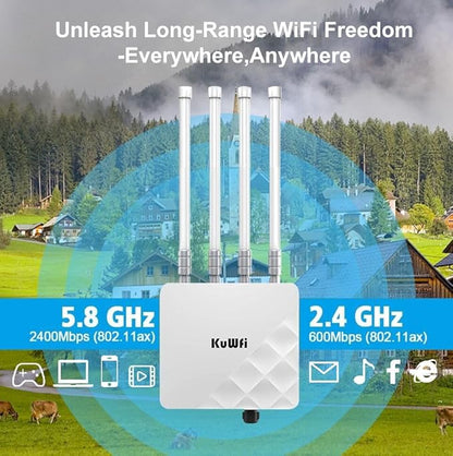 KuWFi Outdoor WiFi 6 Access Point, 3000Mbps Long Range Extender, IP67 Waterproof, PoE+ Powered, Cloud Managed, Supports 256 Users, Ideal for 300-500m Coverage, Compatible with Starlink